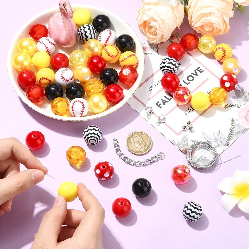 8215 105pcs Random Chunky Baseball Beads Red Yellow Acrylic Round Sport View 4